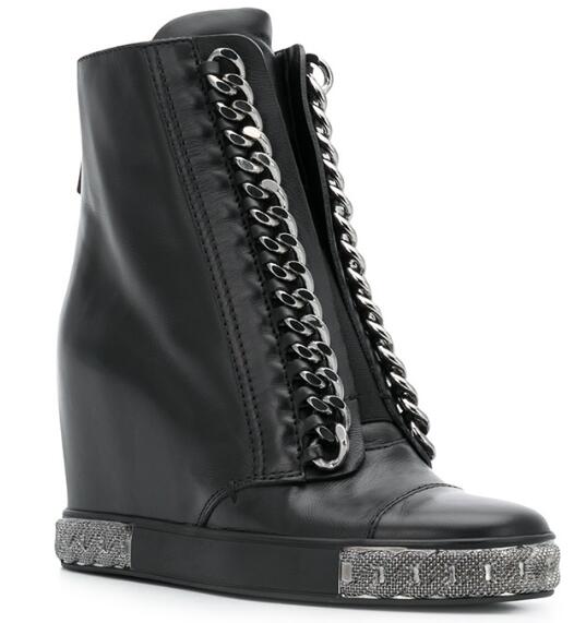 VCSHOES Woman Black 80 Mm Wedge Boots Girls Sliver Gold-Tone Chains Round Toe Casual Ankle Boots Shoes