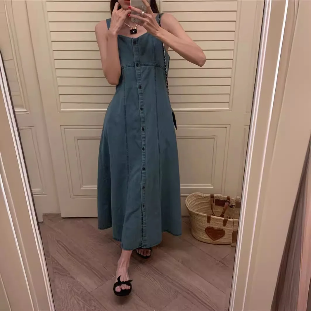 Vintage Plain Square Neck Button Denim Maxi Cami Dress