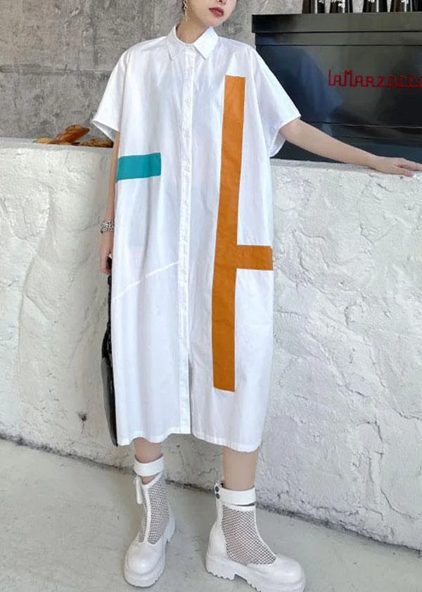 Natural White Summer Patchwork Cotton Short Sleeve Robe Dresses