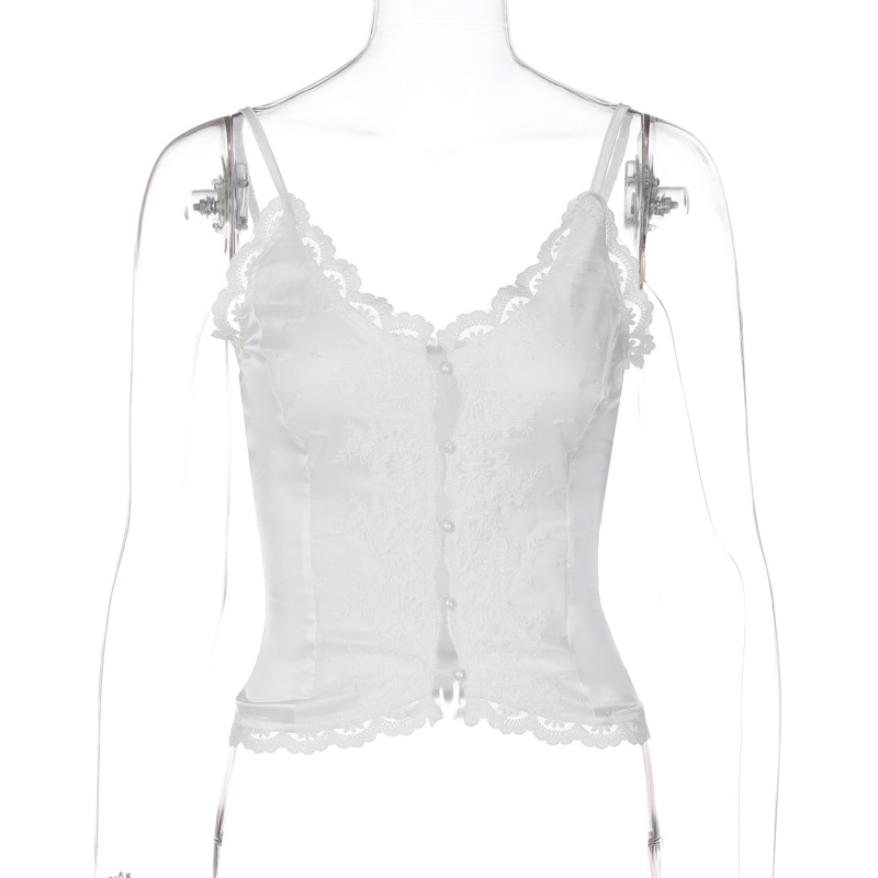Ootddress Lace Casual Female Camisole Y2k Top V-Neck High Waist Streetwear White Backless Patchwork See-Through Women Tank Top Vest
