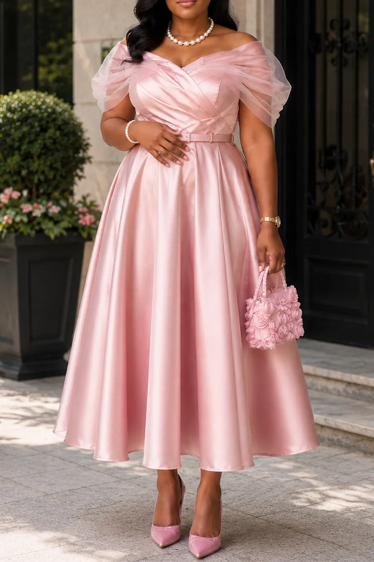 midi xpluswear formal dresses Xpluswear Design Plus Size Wedding Guest Tulle Pink Off The Shoulder Short  Sleeve Contrast Pocket Satin Midi Dresses [Pre-Order]