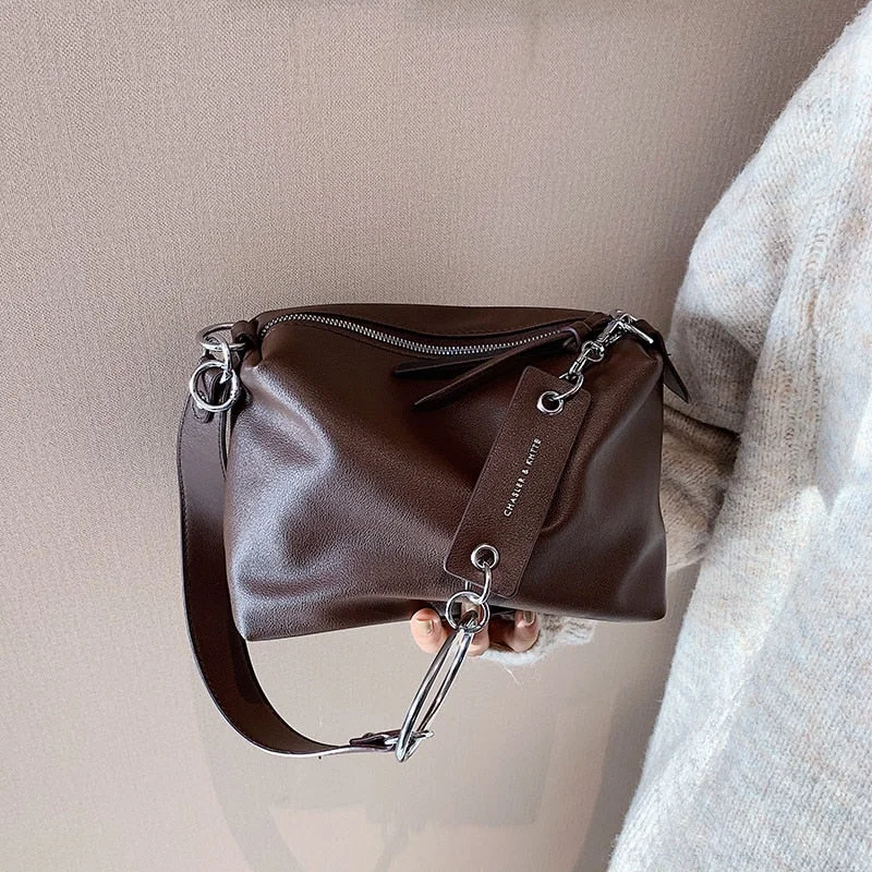 Vintage PU Leather Shoulder Bag for Women 2022 Brand Wide Belt Designer ladies Handbags chain Women Trend hobos messenger Bag