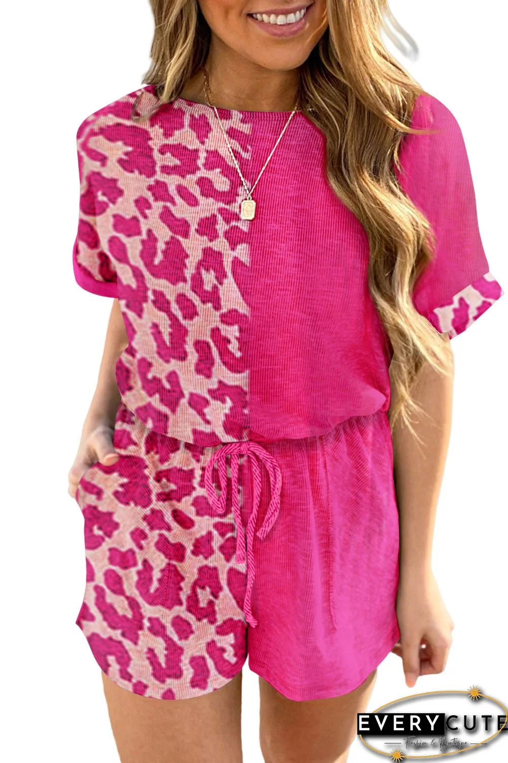 Pink Half Leopard Print Drawstring Knit Romper