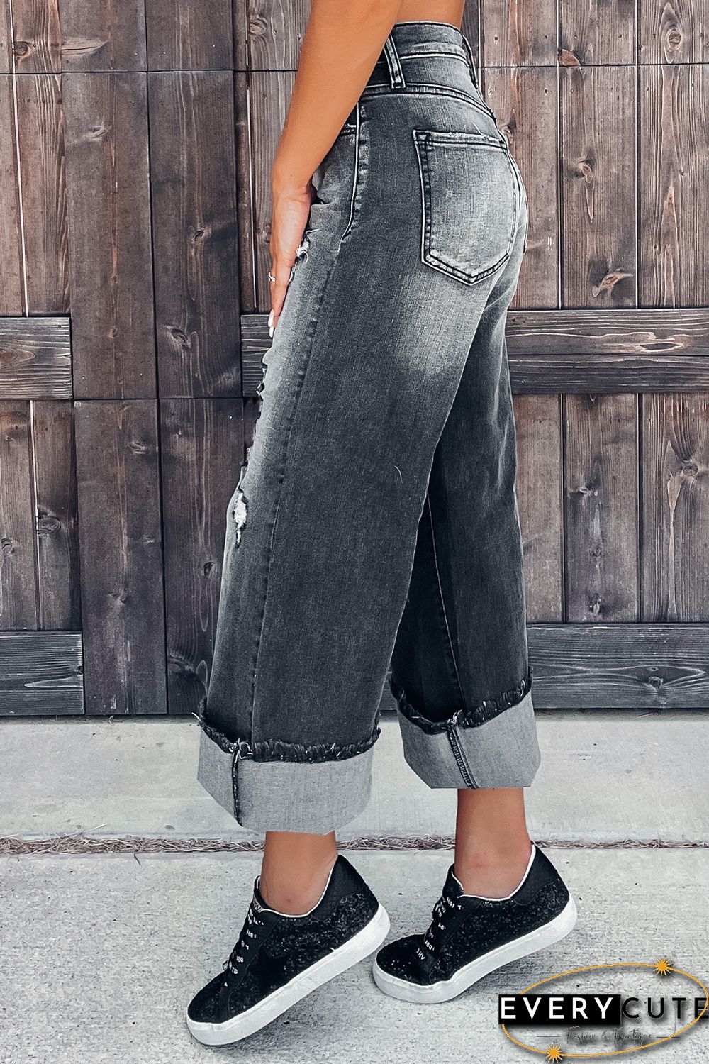 Gray Vintage Distressed Wide Leg Jeans
