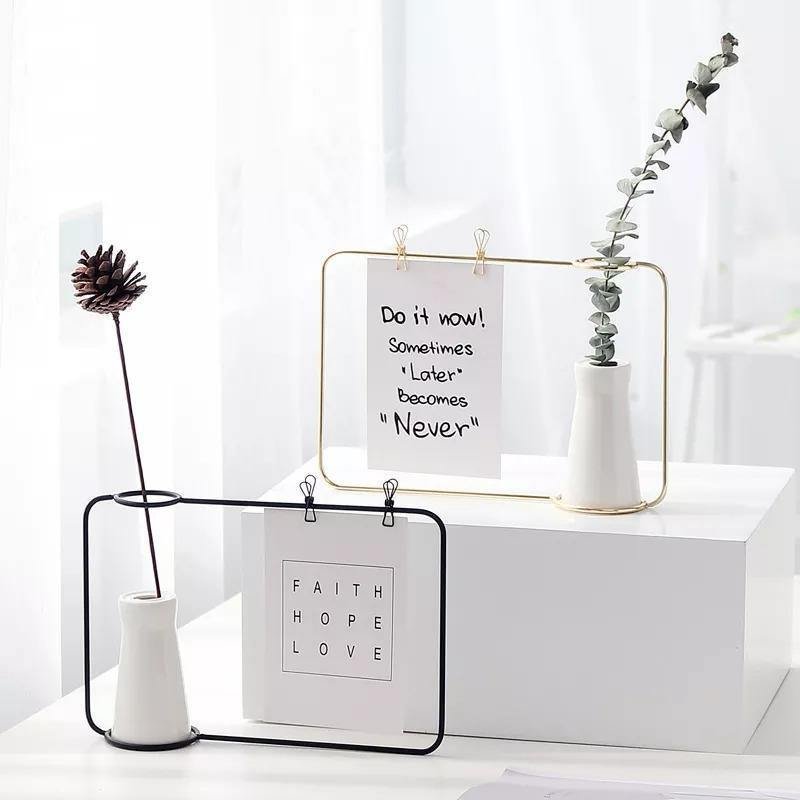 Iron Photo Display Frame with Ceramic Vase and Clips