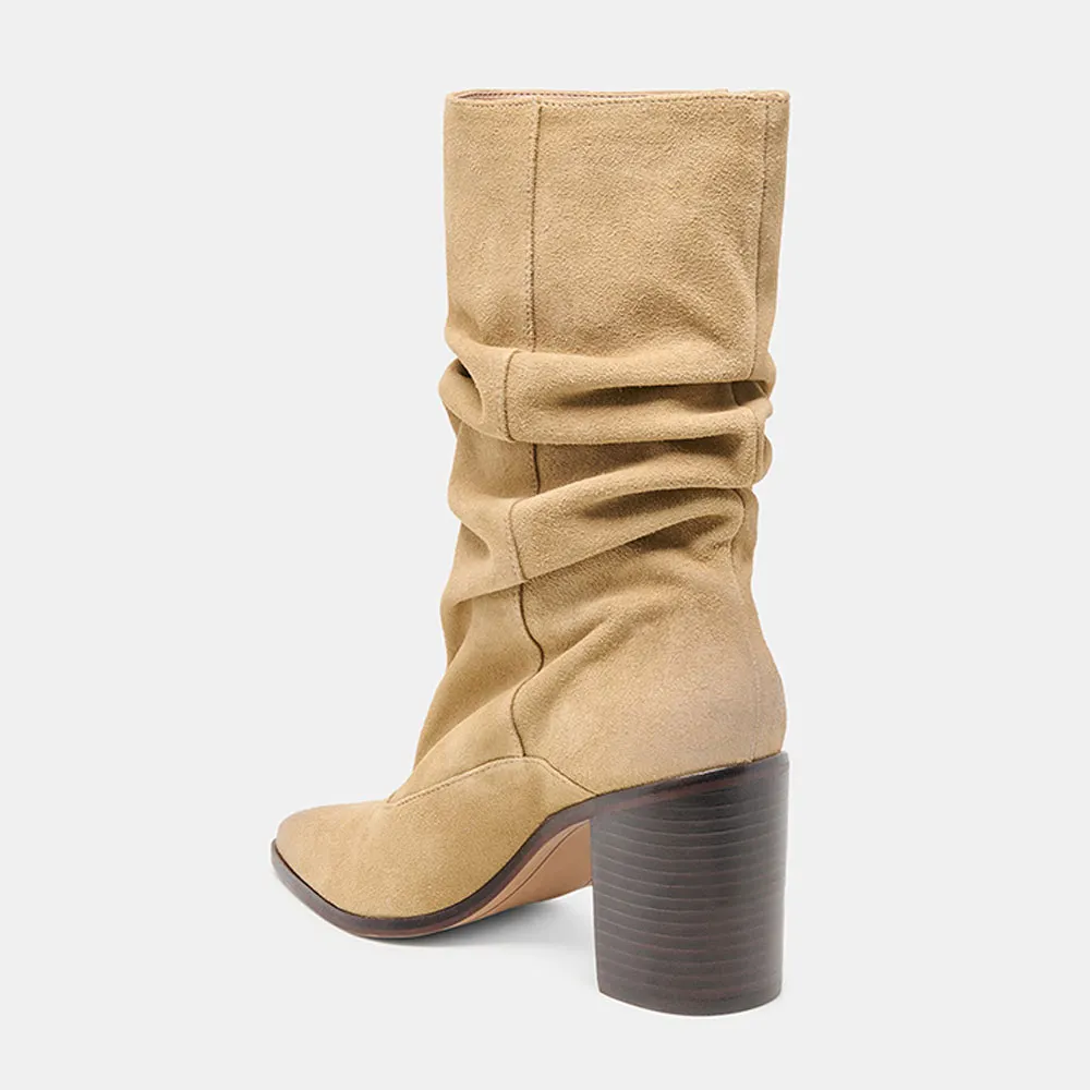 Dark Beige Pointed Toe Slouchy Mid Calf Boots for Women