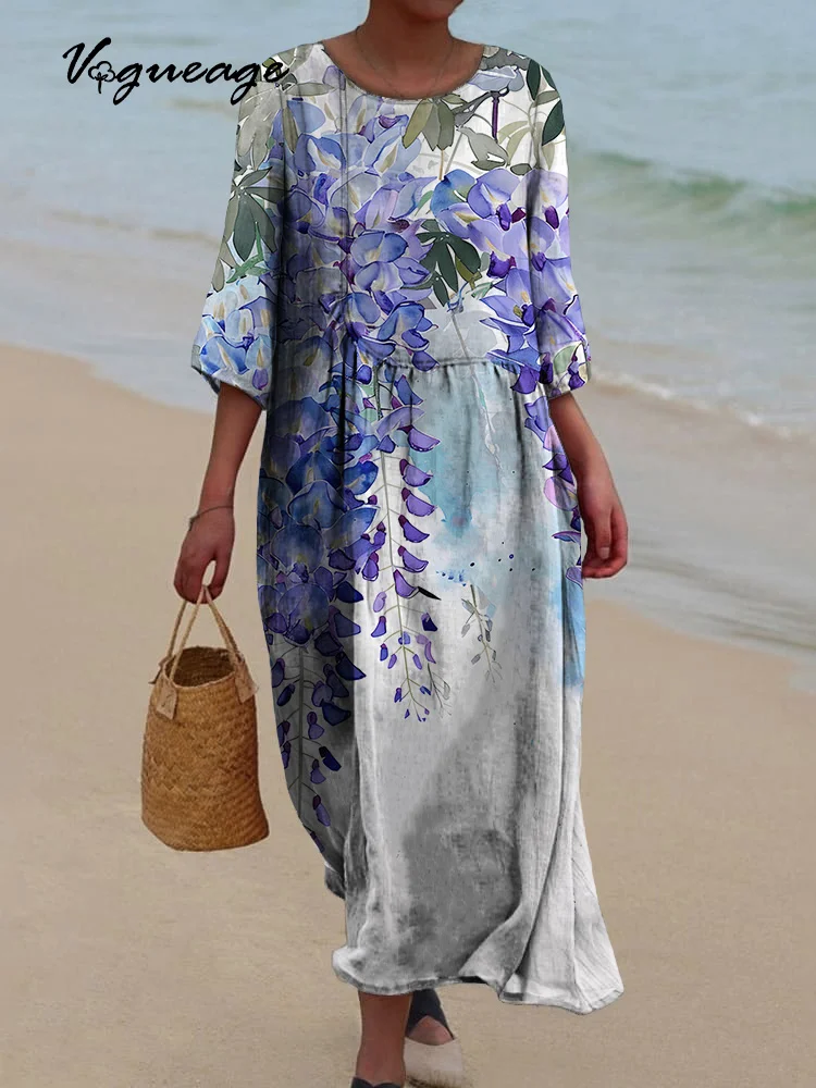 Stylish And Elegant Plants Printed Women's Casual Cotton And Linen Dress