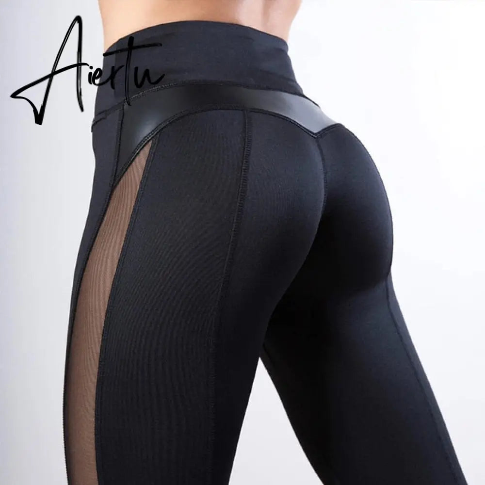 Aiertu Solid High Waist Fitness Legging Women Heart Workout Leggins Femme Fashion Mesh And PU Leather Patchwork Leggings Aiertu