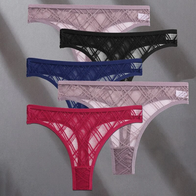 FINETOO 5PCS/Set Lace Sexy Women Thongs Floral Perspective G-string Lingerie Panties Low-Waist Femme Girls Underwear Mesh Pantys