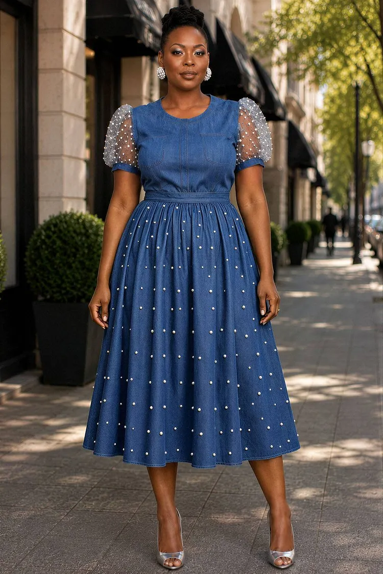 Xpluswear Design Plus Size Party Tulle Blue Round Neck Puff Sleeve Short Sleeve Pearls Pocket Tencel Denim Midi Dresses [Pre-Order] 2024 - Xpluswear