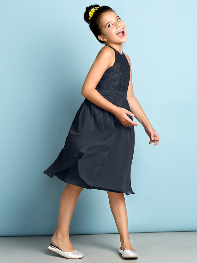 Daisda A-Line Jewel Neck Knee Length  Flower Girl Dress With Lace 