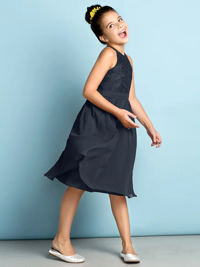 Daisda A-Line Jewel Neck Knee Length  Flower Girl Dress With Lace 