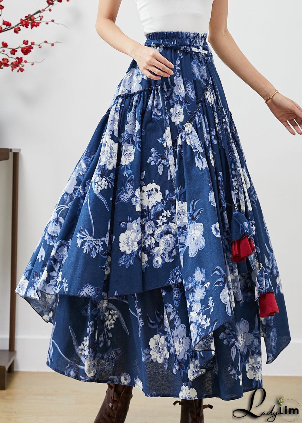 Blue Floral Cotton Skirts Asymmetrical Exra Large Hem Fall