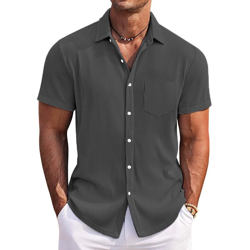 Men's Casual Solid Color Corduroy Lapel Patch Pocket Loose Short Sleeve Shirt