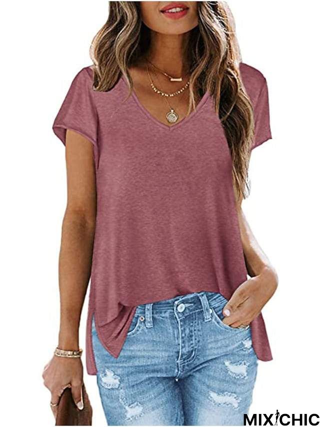 V Neck T Shirts for Women Loose Fit Soft Tops Basic Side Split Casual Summer Tees Green L