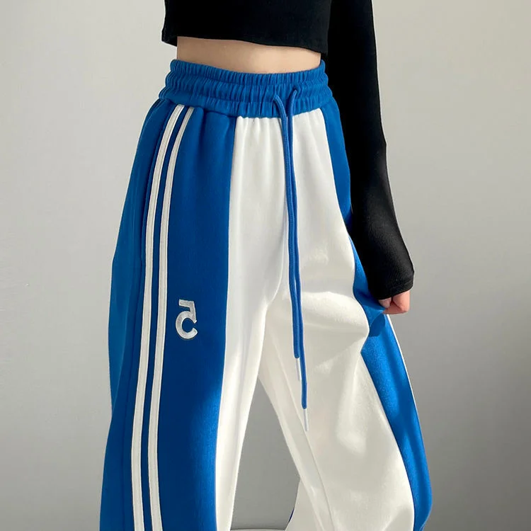 MINGLIUSILI Stripe Splice Sweatpants Women Spring 2022 Joggers High Waist Streetwear All-match Casual Korean Fashion Pants