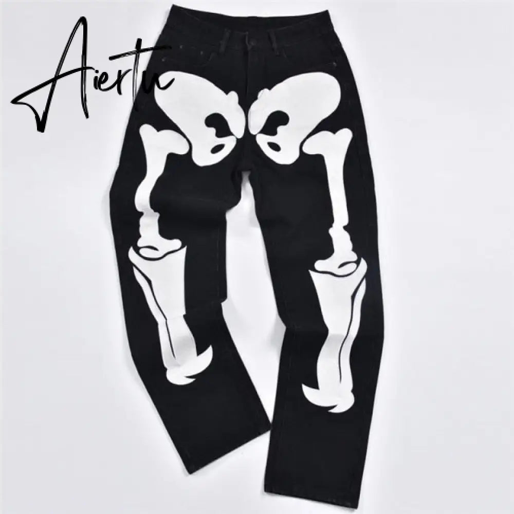 Skeleton Patterned Low Rise Jeans Streetwear Women Black Denim Trousers Cyber Y2k Goth Pants Fall Aiertu