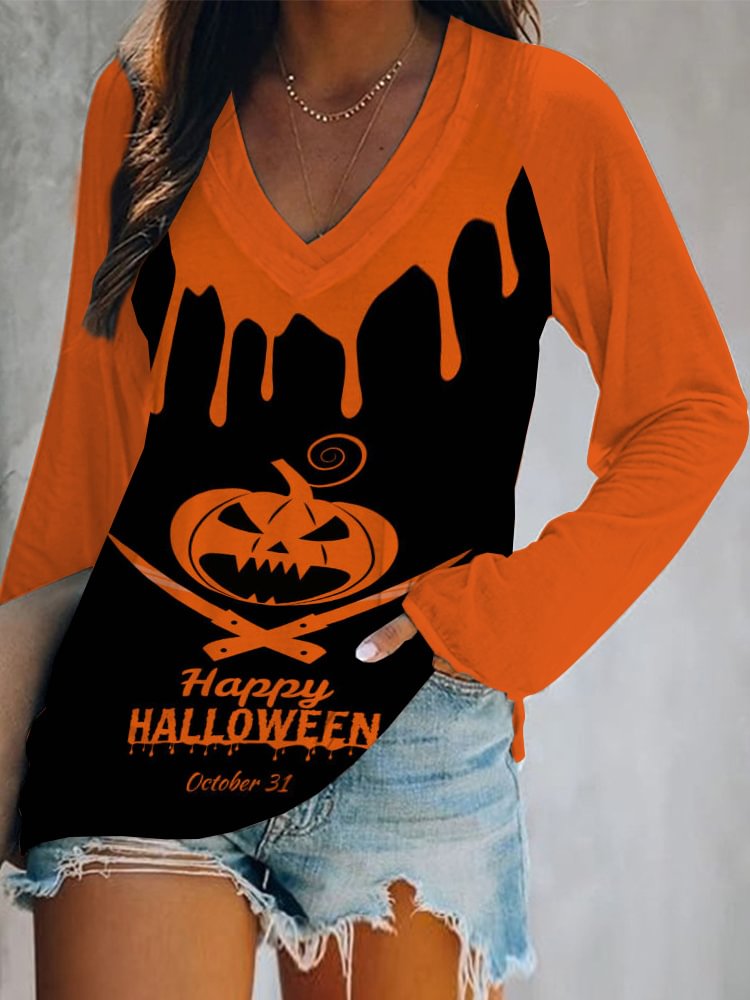 Happy Halloween Print V Neck T Shirt