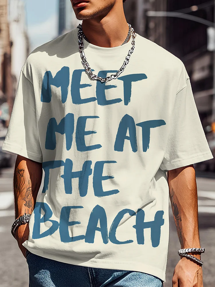Men's Meet Me At The Beach Print Drop Shoulder Casual T-Shirt