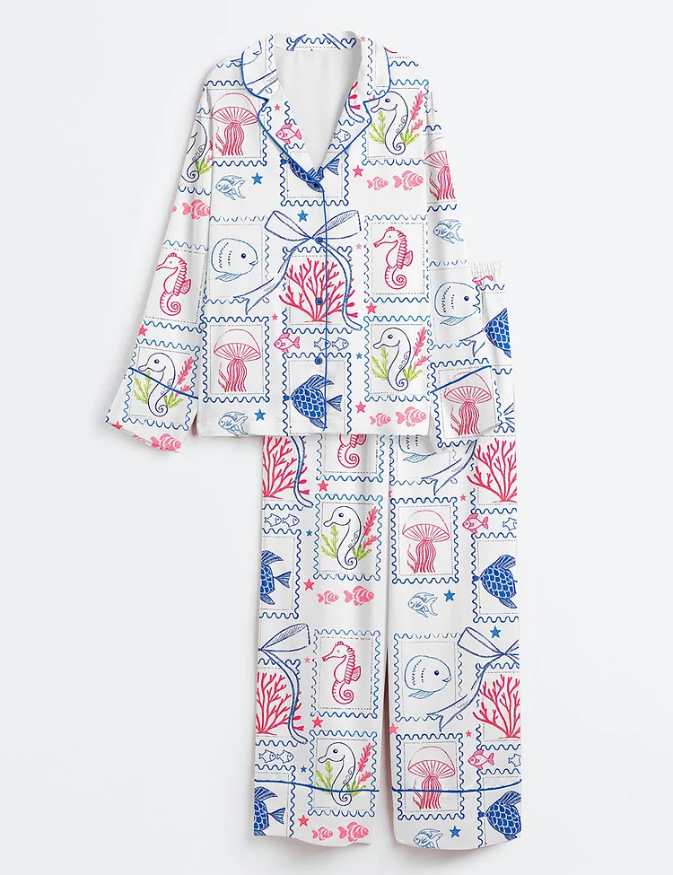 Women&rsquo;s Summer Beach Jellyfish Seahorse Coastal Aesthetic Summer Print Long Sleeve Satin Pajama Set