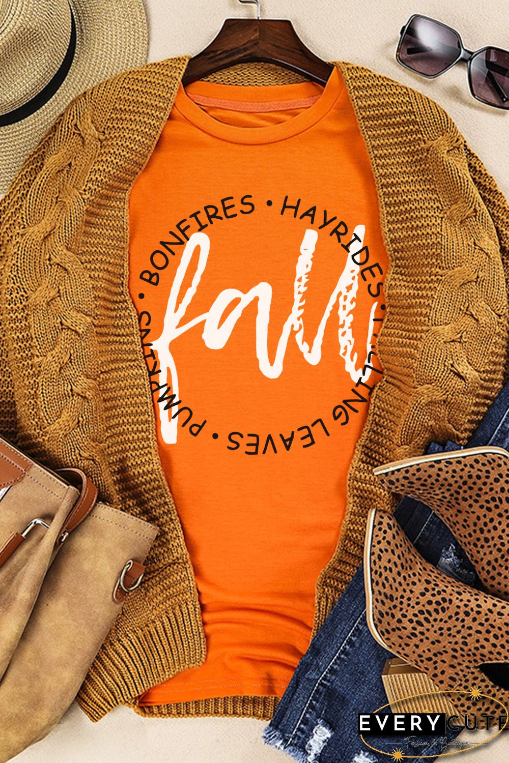 Orange Fall Letter Print Crew Neck Graphic T Shirt