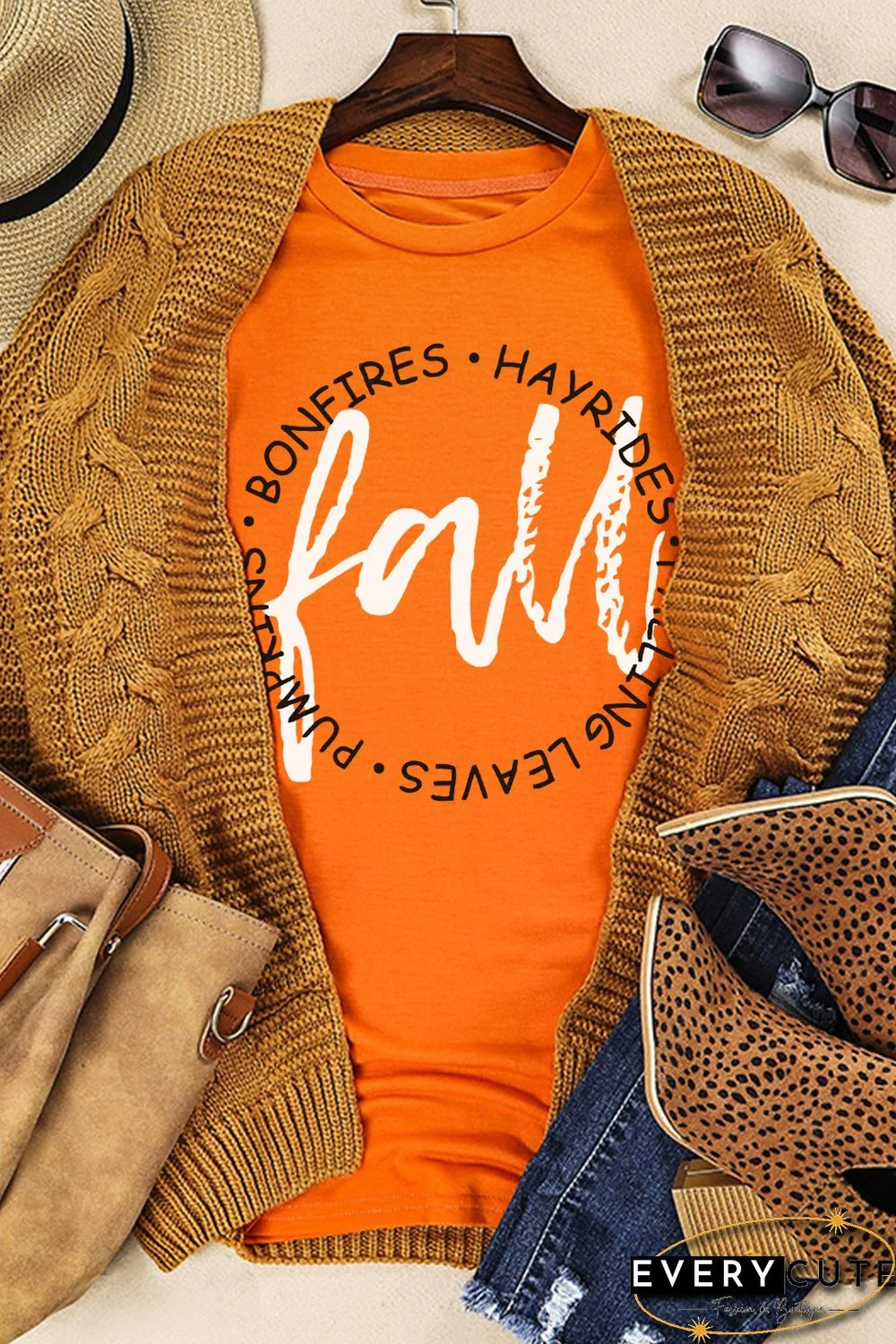 Orange Fall Letter Print Crew Neck Graphic T Shirt