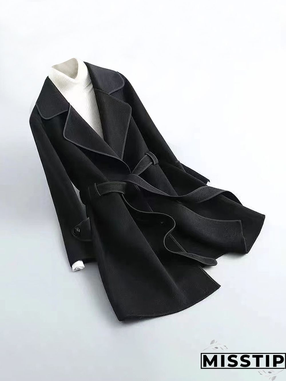 Winter Warm Woolen Blend Lapel Coat with Belt