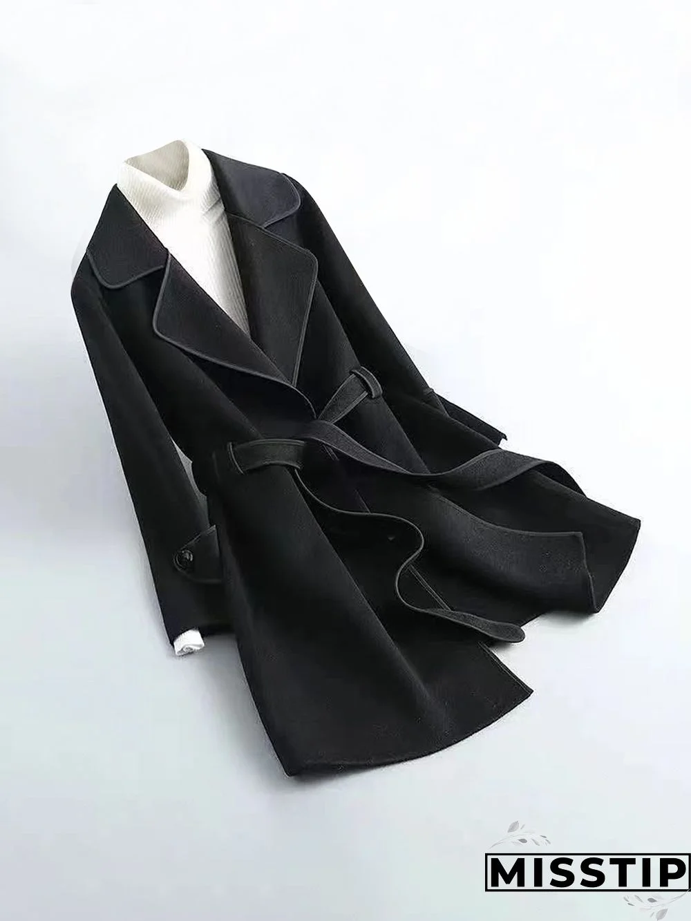 Winter Warm Woolen Blend Lapel Coat with Belt