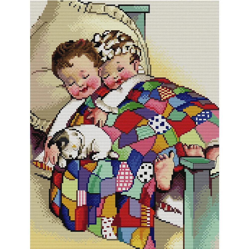 14CT Full Stamped Cross Stitch Kit - Brother and Sister (31*40CM)  decoration gift Embroidery Stamped Counted Cross Stitch Kit for Kids Adults  Beginners, Needlework Cross Stitch Kits, Art Craft Handy Sewing Set