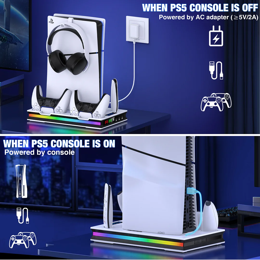 PS5 Stand Cooling Station for 2023 PS5 Slim,DinoFire Dual Fast PS5 Controller Charging Station,PS5 Accessories for Sony 2020 PS5 Digital/Disc Console