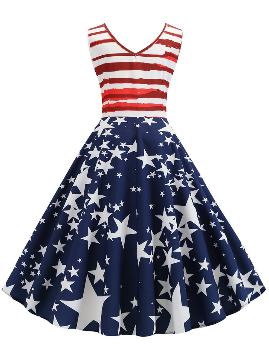American Flag Dress V Neck Striped Patchwork 1950s Dress