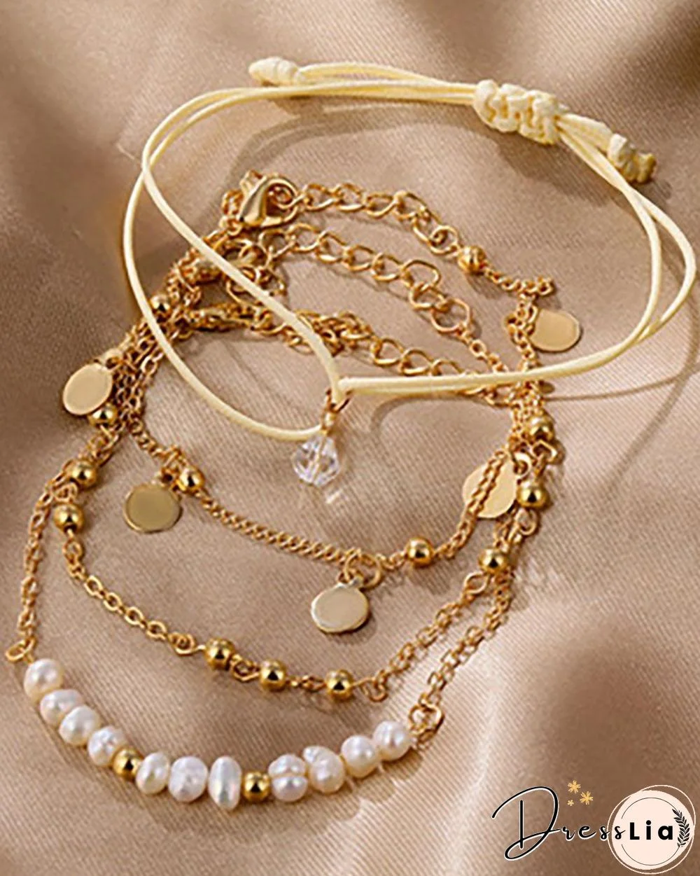 4PCS Beaded DIsc Pattern Chain Bracelet