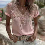 Women's Pink Flower Embroidered Art V-neck Short Sleeve T-shirt - Image 2