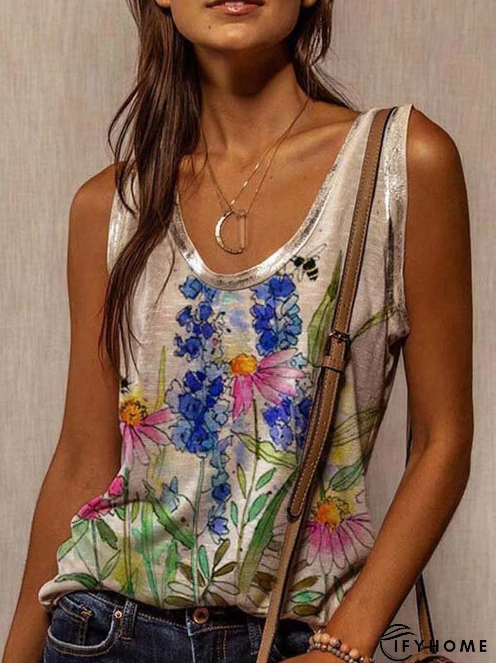 Sleeveless Crew Neck Casual Floral-Print Shirts & Tops | IFYHOME