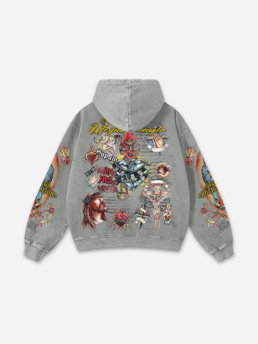 Faith In Jesus Collage Vintage Graphic Acid Wash Hoodie