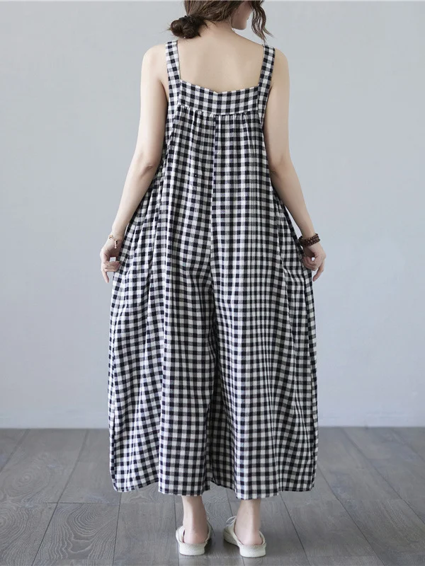 Original Simple Casual Artistic Retro Plaid Wide Legs Jumpsuits