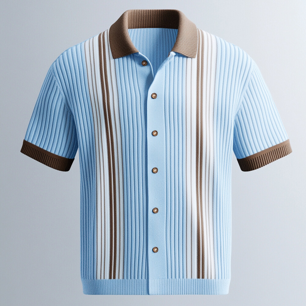 Men's Turndown Collar Button Short Sleeve Colorblock Stripes Rib Knitted Shirt