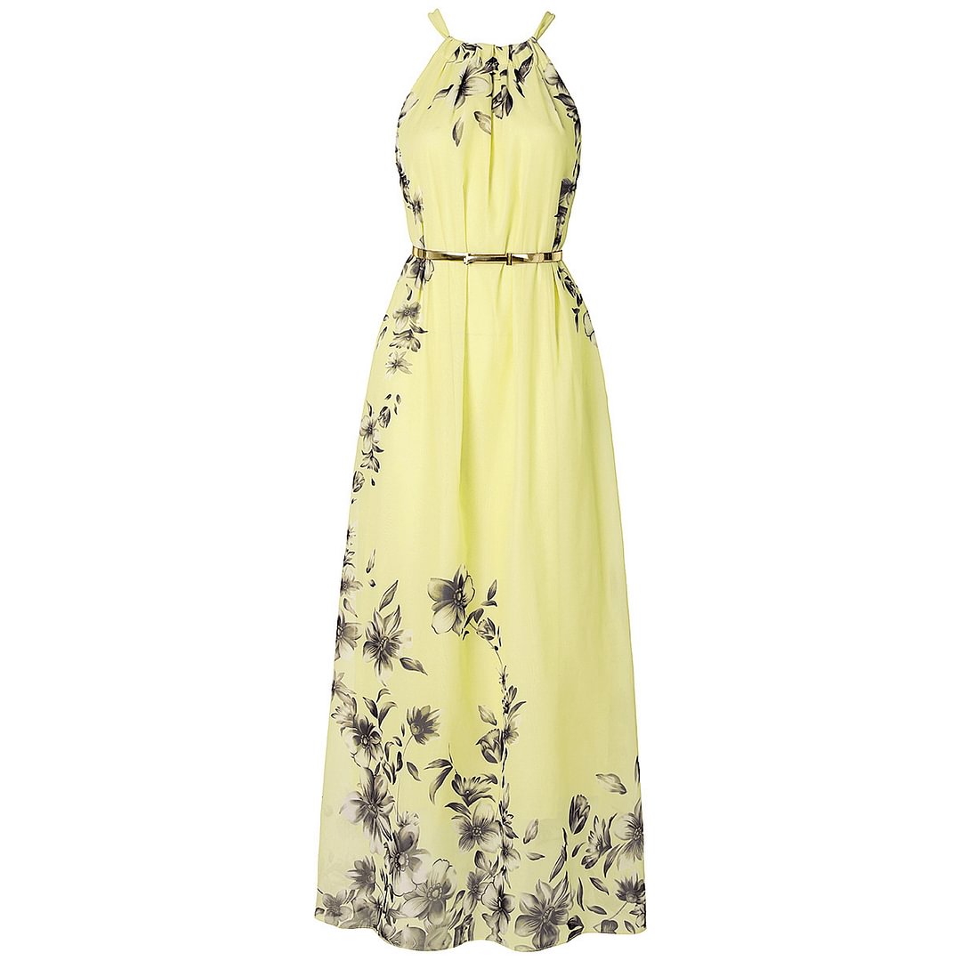Bohemian Slim Dress Floral Sleeveless Print Chiffon Beach Skirt Holiday Dress | EGEMISS