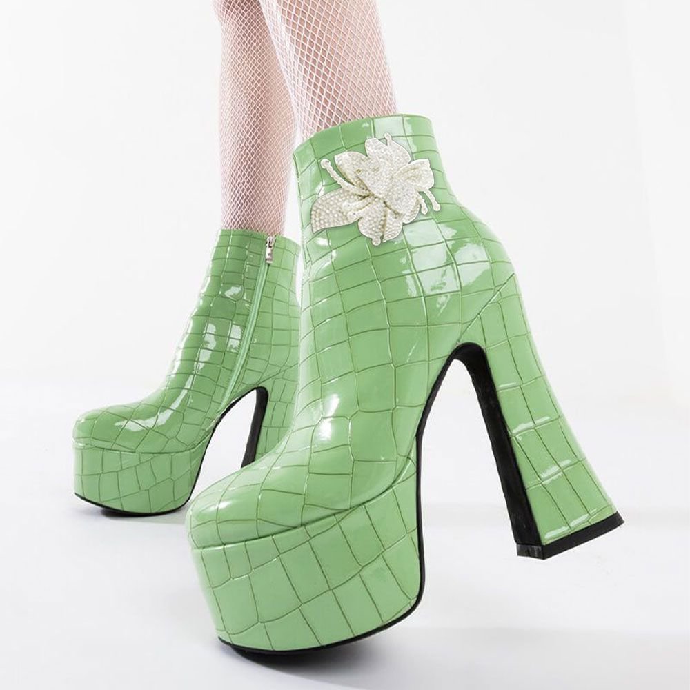 Light Green Round Toe Platform Ankle Boots Crocodile Skin Block Heels Nicepairs