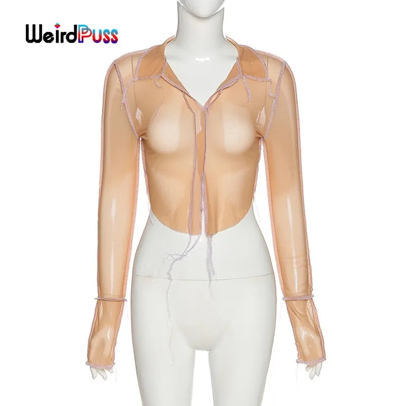 OrangeA sexy mesh v-neck women crop top long sleeve 2021 fashion summer neon color club party wear t shirts see through outfits