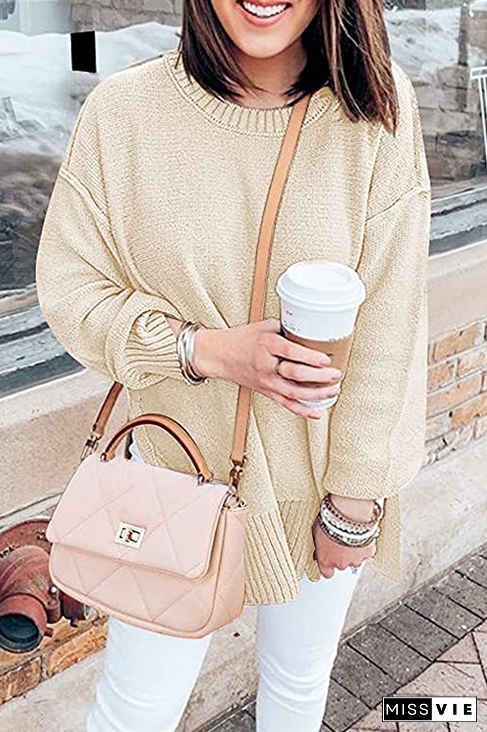 Casual Solid Patchwork Slit O Neck Tops Sweater