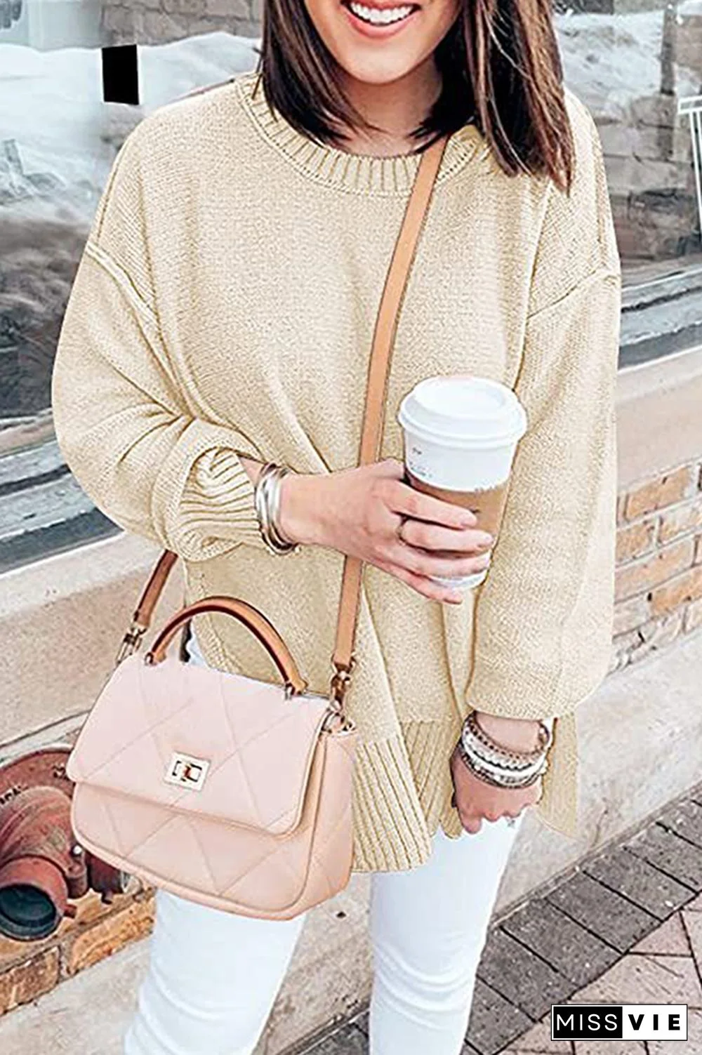 Casual Solid Patchwork Slit O Neck Tops Sweater