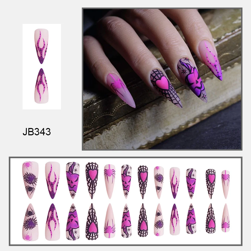 Churchf Churchf Long Pointed Nail Spider Web Purple Heart Cool Purple Halloween Element Fake Nail Finished Products Wear Nail Holiday Nail