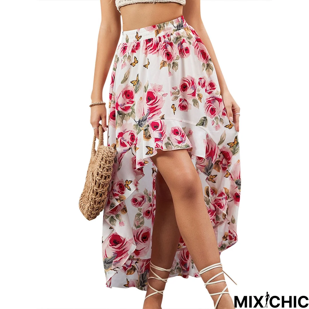 Loose Red Floral Chiffon Vacation Skirt