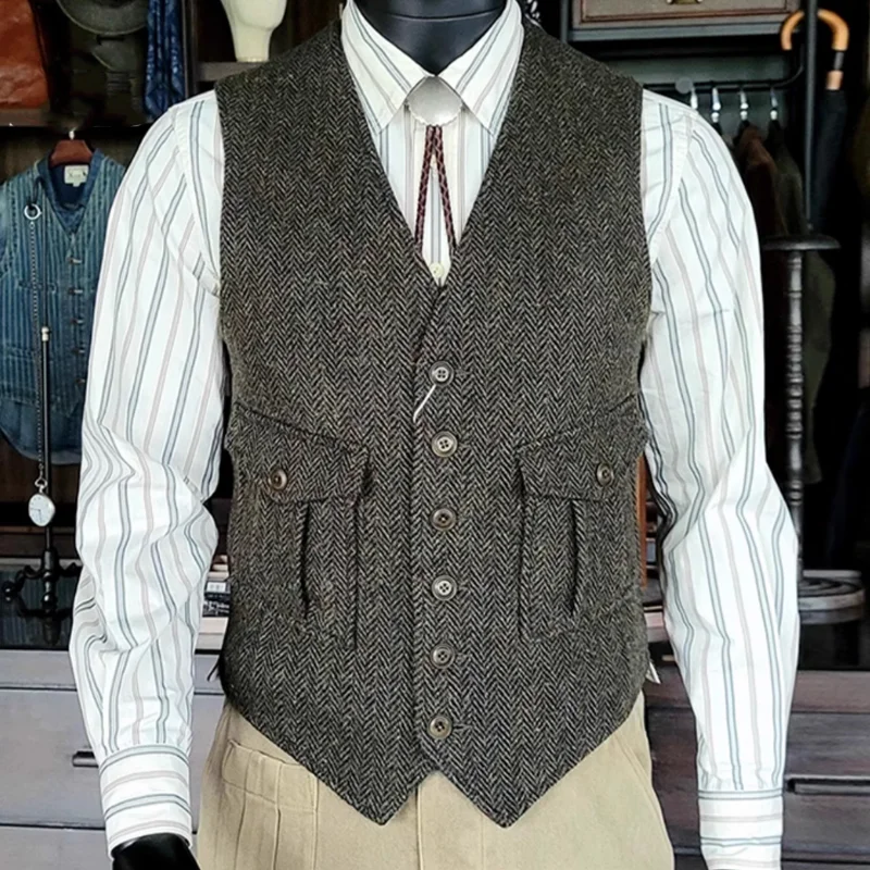 Vintage Cotton Herringbone Multi-Pocket Work Vest