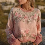 Vintage Boho Roses Pattern Round Neck Cozy Knit Sweater - Image 2