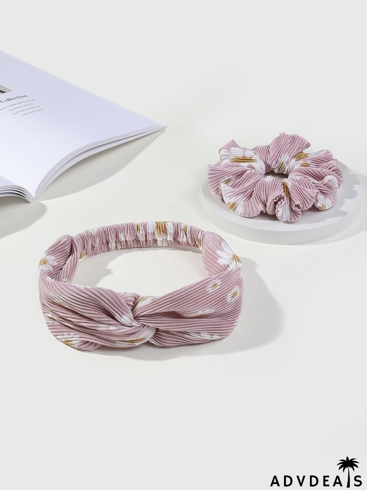 Floral Print Scrunchie & Twist Decor Hair Band