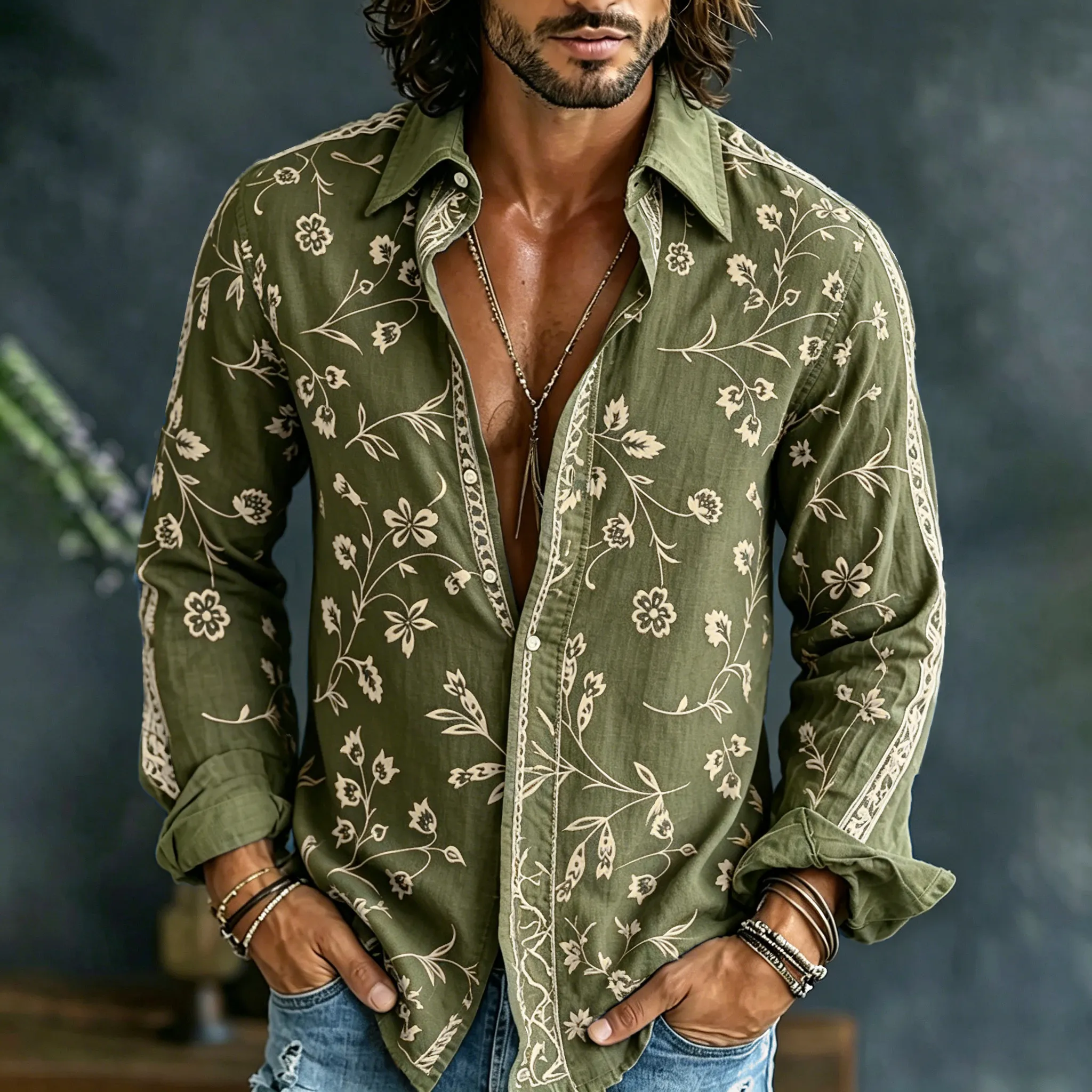 Men's Vintage Spring Floral Art Print Flowy Linen Blend Casual Shirt  artssus
