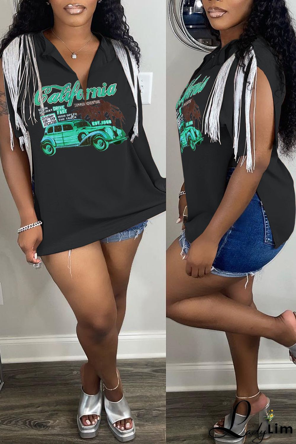 Grey Casual Street Print Tassel Patchwork Slit V Neck T-Shirts