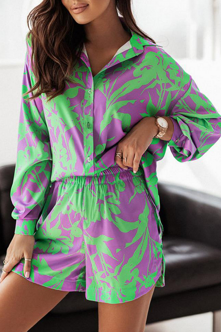 Casual Print Turndown Collar Long Sleeve Two Pieces(7 Colors) - Life is Beautiful for You - SheChoic